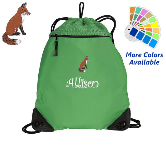 Personalized Cinch Pack, Drawstring Gym School PE, Pool Backpack, Embroidered Red Fox, Monogrammed Custom Name, Perfect Gift
