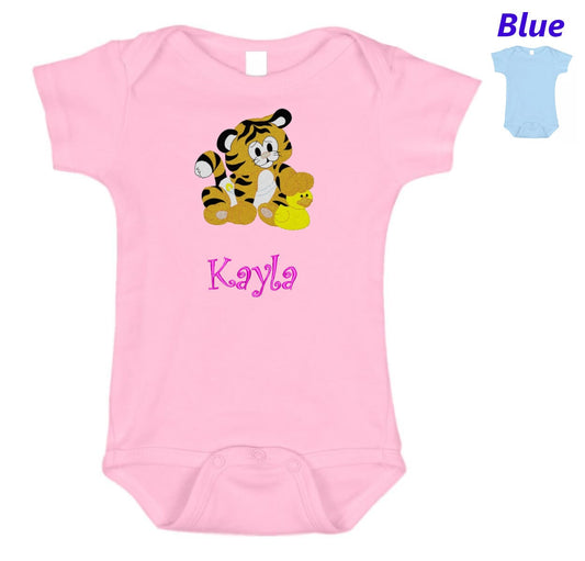 Personalized Baby Onesie Pink Blue Embroidered Baby Tiger Newborn One Piece Body Suit Baby Shower Gift Monogrammed with Your Baby's Name
