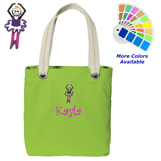 Personalized Canvas Tote Bag Ballerina Design Contrast Lined with Metal Grommets Embroidered with Name or Text of Your Choice