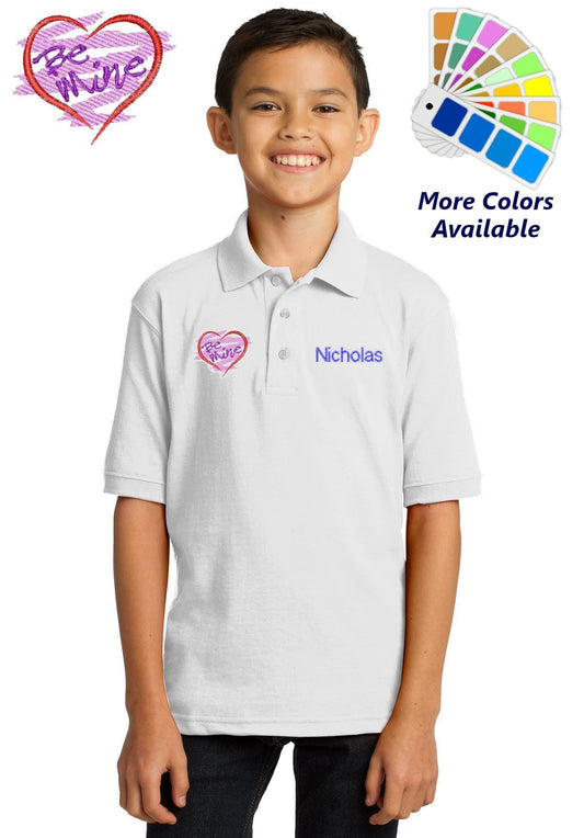 Personalized Kids Polo Shirt Embroidered Be Mine Heart Monogrammed with a Name or Text of Your Choice