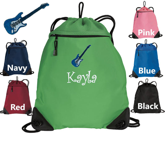 Personalized Kids Cinch Pack Embroidered Electric Guitar Design, Drawstring Gym School PE Pool Backpack, Monogrammed Custom Name, Kids Gift