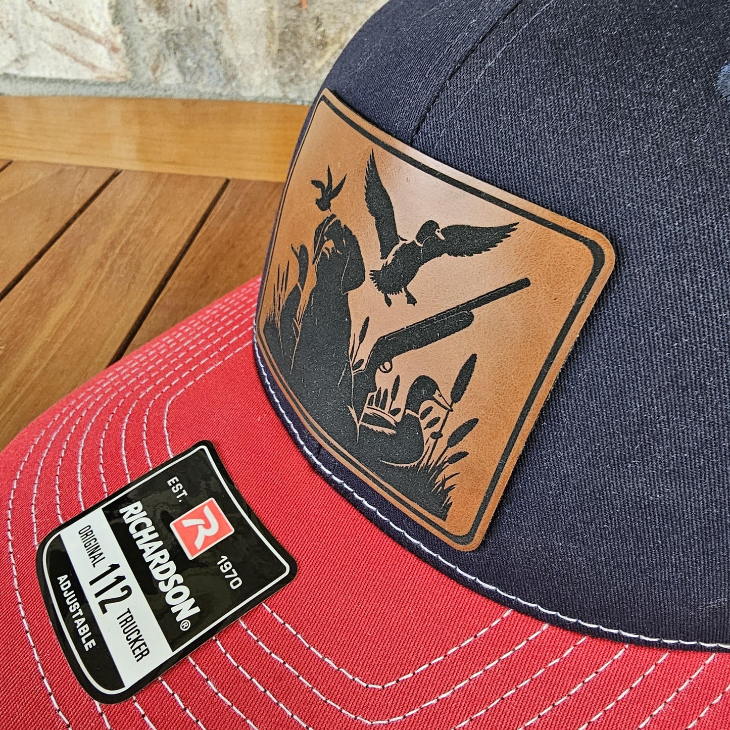 Duck Hunter Leather Patch Trucker Hat, Richardson 112, Bird Dog Hunter Hat, Dad Gift Husband Gift, Sportsman Gift, Laser Engraved