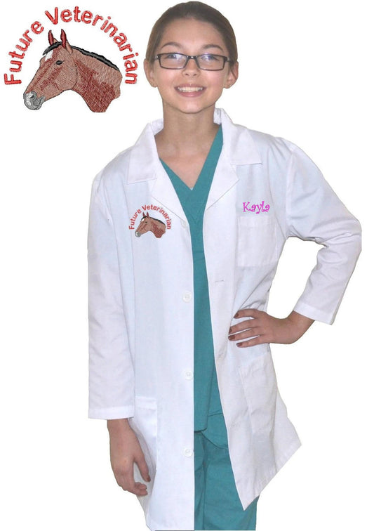 Embroidered Personalized Kids Veterinarian Lab Coat with Horse Embroidery Design for little Doctors and Nurses