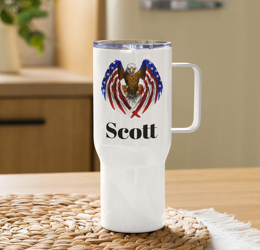 Custom American Eagle Travel Mug Tumbler with Handle, Stainless Steel BPA-free plastic Cup, 25 Ounce Mug, Dad Gift