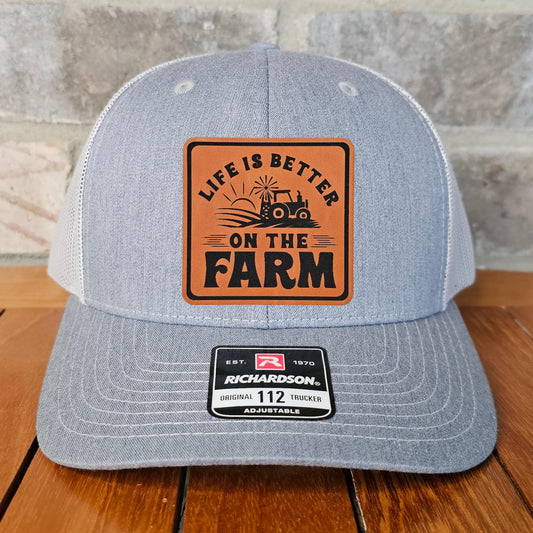 Farm Life Leather Patch Trucker Hat, Richardson 112, Life is Better on the Farm Cap, Farm Lover Hat, Farmer Gift, Laser Engraved