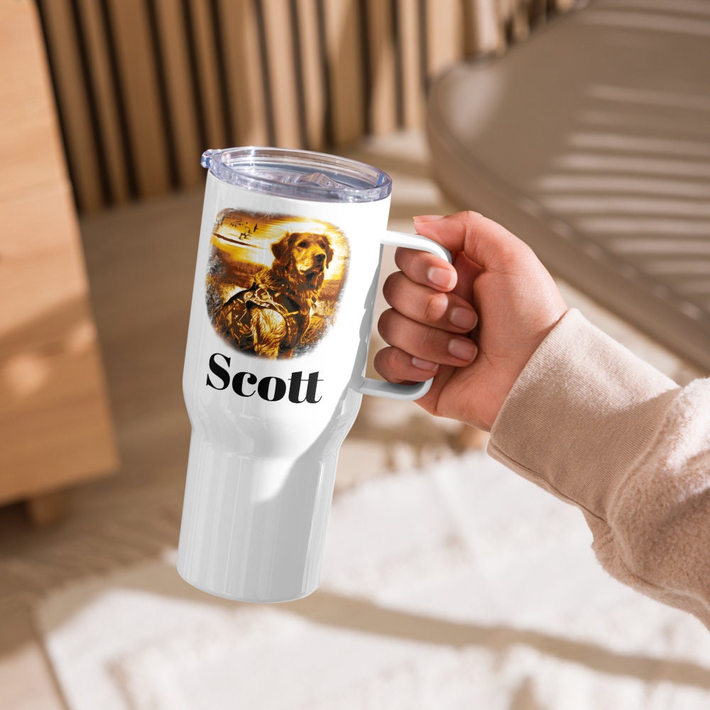 Custom Golden Retriever Hunting Dog Travel Mug Tumbler with Handle, Stainless Steel BPA-free Cup, 25 Ounce Mug, Dad Mom Dog Lover Gift