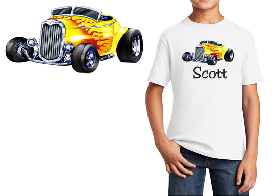 Personalized Kids T-Shirt Hot Rod Car Flames Design, T-Shirt, Colorful, Cotton, Low Price Inexpensive Tee Shirt, Kids Gift, Student Gift