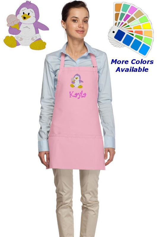 Personalized Apron Embroidered Baby Penguin Design, Custom Apron, Monogrammed Apron Name, Dad Mom Teacher Kitchen Home House Gift