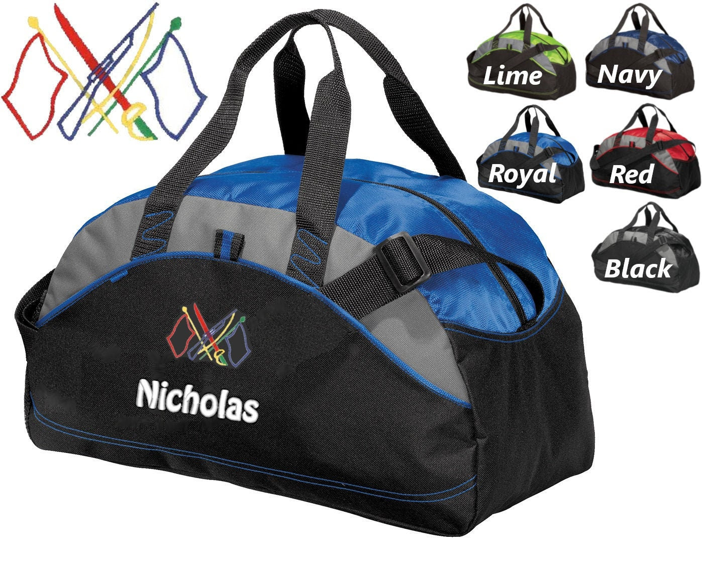 Personalized Kids Duffel Bag, Color Guard Design, Gym Bag, School Band, Contrast Stitching, Embroidered Name, Music Gift, Student Gift