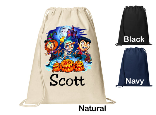 Personalized Halloween Trick or Treat Cinch Pack, Drawstring Gym School Pool Backpack, Printed Monogrammed Custom Name, Perfect Gift