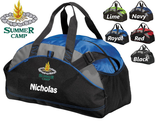 Personalized Kids Summer Camp Duffel Bag Gym Bag School PE Contrast Piping and Stitching Embroidered with Name or Text of Your Choice