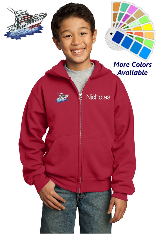 Personalized Kids Hoodie Sweatshirt Zipper Embroidered Sport Fishing Boat Yacht Design with a Name of Your Choice
