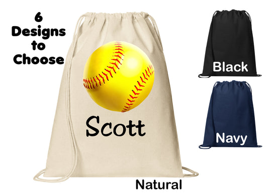 Personalized Kids Softball Cinch Pack, Drawstring Gym School PE Pool Backpack, Printed Monogrammed Custom Name, Perfect Kids Sports Gift