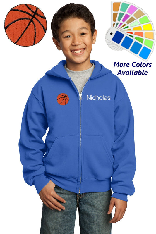 Personalized Kids Basketball Hoodie Sweatshirt Zipper Embroidered Basketball Design with a Name of Your Choice