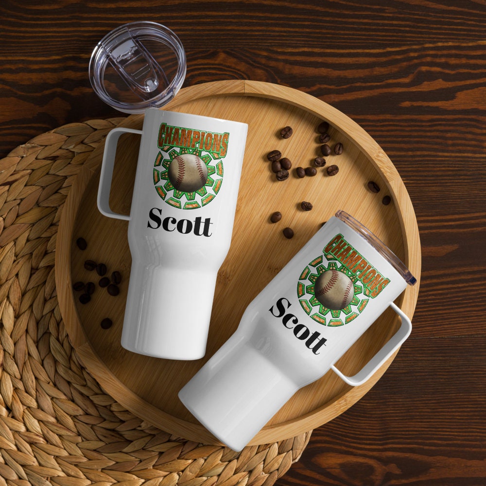 Custom Baseball Champions Tumbler with Handle, Stainless Steel Travel Mug BPA-free plastic Cup, 25 Ounce Mug, Sports Gift, Dad Gift