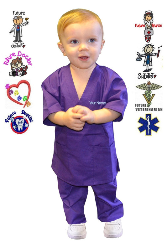 Embroidered Personalized Purple Toddler Kids Scrubs for little Doctors and Nurses