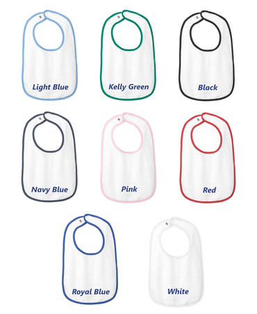 Personalized Baby Bib White Cotton Terry with Contrast Trim Baby Bunny Design for Boy or Girl Embroidered Name