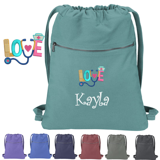 Personalized LOve Nurse Cinch Pack Gift, Embroidered Colorful Stethoscope Design, Drawstring School, Pool Backpack, Monogrammed Custom Name