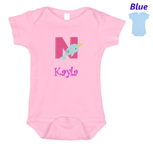 Personalized Baby Onesie Pink Blue Embroidered Letter N Newborn One Piece Body Suit Baby Shower Gift Monogrammed Your Baby's Name