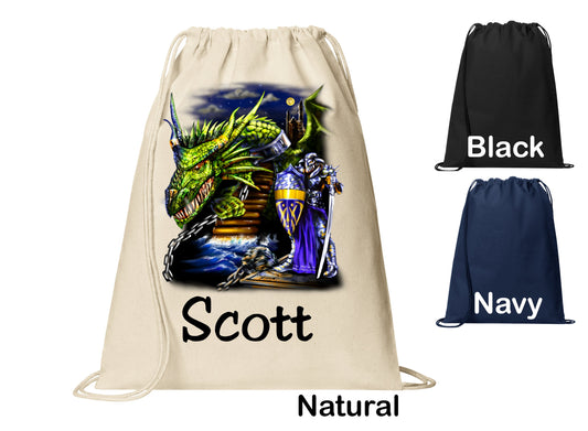 Personalized Chained Dragon Fantasy Cinch Pack, Drawstring Gym School PE Pool Backpack, Printed Monogrammed Custom Name, Perfect Gift