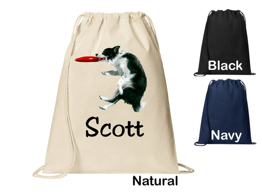 Personalized Border Collie Catch Dog Cinch Pack, Drawstring Gym School PE Pool Backpack, Printed Monogrammed Custom Name, Perfect Gift