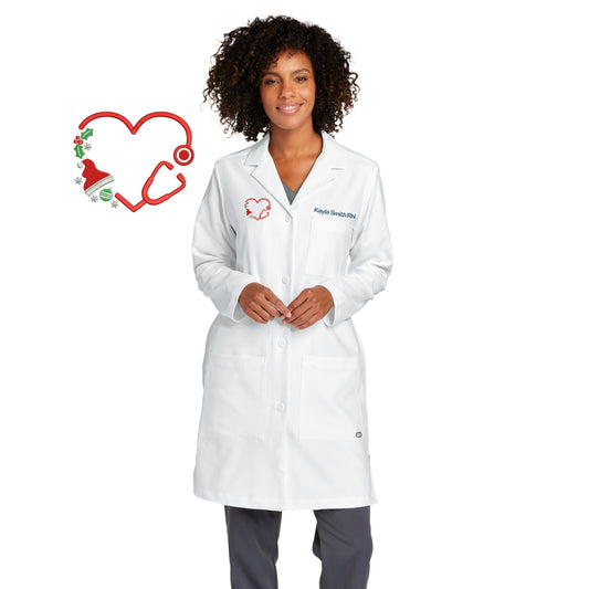 Personalized Christmas Lab Coat with Custom Embroidered Text or Name and Heart Stethoscope Design, Doctor, Nurse, Jacket, Medical Apparel