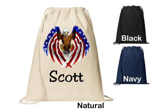 Personalized Eagle Flag Patriotic Cinch Pack, Drawstring Gym School PE Pool Backpack, Printed Monogrammed Custom Name, Perfect Gift
