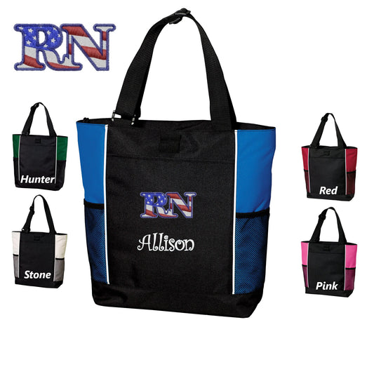 Personalized Canvas RN Nurse Tote Bag, US Flag, Custom Tote, Tote with Zipper, Embroidered Custom Name, Funny Nurse Gift
