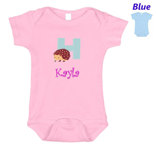 Personalized Baby Onesie Pink Blue Embroidered Letter H Hedgehog Newborn One Piece Body Suit Baby Shower Gift Monogrammed Your Baby's Name