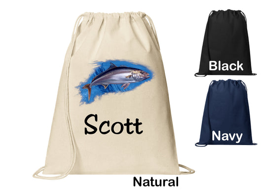 Personalized Amberjack Fish Cinch Pack, Drawstring Gym School PE Pool Backpack, Printed Monogrammed Custom Name, Perfect Gift
