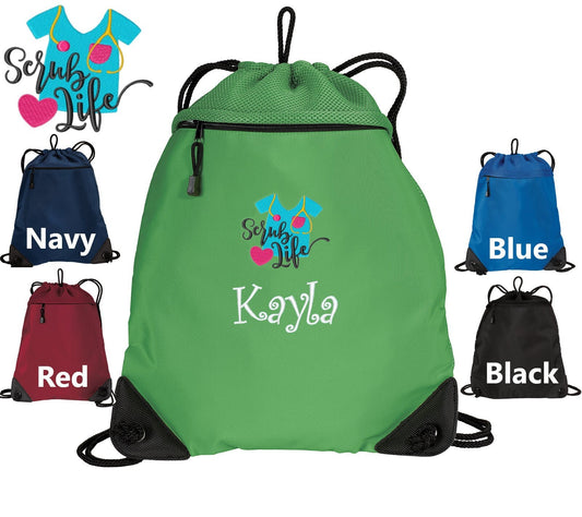 Personalized Nurse Cinch Pack, Drawstring Gym School PE, Pool Backpack, Embroidered Scrub Life Design, Monogrammed Custom Name, Nurse Gift