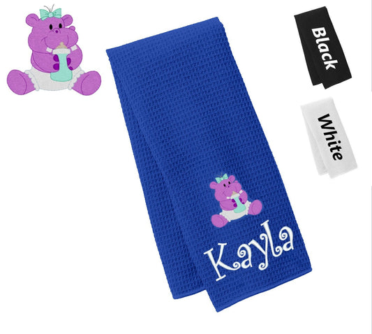 Personalized Towel Hippo Design, Kitchen Towel, Hand Towel, Bathroom Towel, Waffle Microfiber, Embroidered Name, Kids Gift, Mom Gift