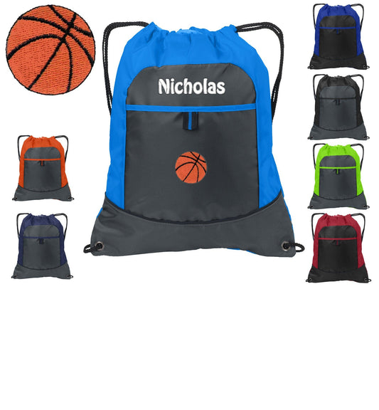 Personalized Kids Cinch Pack Drawstring, Basketball Design, Gym School PE Pool Backpack Embroidered Monogrammed Custom Name Kids School Gift