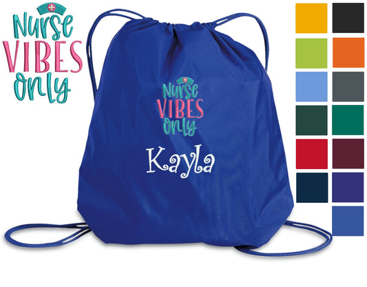 Personalized Nurse Cinch Pack, Drawstring Gym School, Pool Backpack, Embroidered Nurse Vibes Design, Monogrammed Custom Name, Nurse Gift