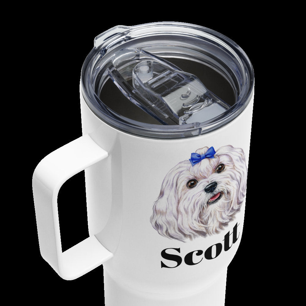 Custom Maltese Dog Travel Mug Tumbler with Handle, Stainless Steel BPA-free Cup, 25 Ounce Mug, Dad Mom Dog Lover Gift