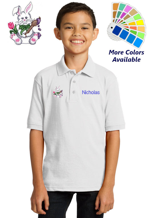Personalized Kids Polo Shirt Embroidered Easter Bunny Flower Monogrammed with a Name or Text of Your Choice