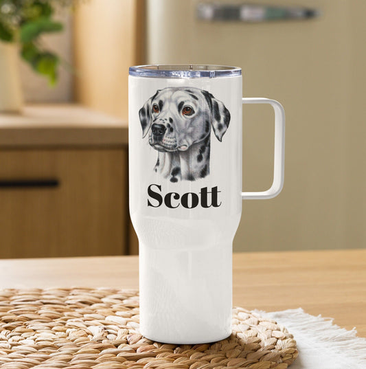 Custom Dalmatian Dog Travel Mug Tumbler with Handle, Stainless Steel BPA-free plastic Cup, 25 Ounce Mug, Dad Mom Dog Lover Gift