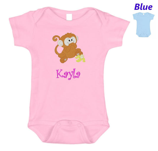 Personalized Baby Onesie Pink Blue Embroidered Baby Monkey Newborn One Piece Body Suit Baby Shower Gift Monogrammed with Your Baby's Name