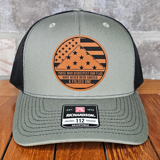 Veteran Leather Patch Trucker Hat, Folded Flag, Richardson 112, US Army Hat, Military Gift, Dad Gift, Army Cap, Laser Engraved