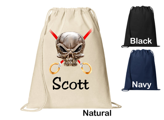 Personalized Gymnastics Skull Cinch Pack, Drawstring Gym School Pool Backpack, Printed Monogrammed Custom Name, Perfect Gift