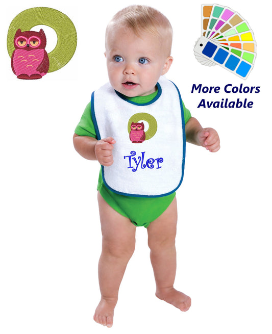 Personalized Baby Bib, White Cotton Terry with Contrast Trim, Letter O, Alphabet, Owl Design, for Boy or Girl, Embroidered Name