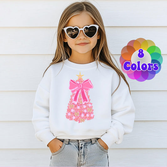Kids Pink Christmas Tree Bow Sweatshirt, Christmas Sweatshirt for Children, Christmas Tree shirt, Christmas Coquette Christmas Shirt