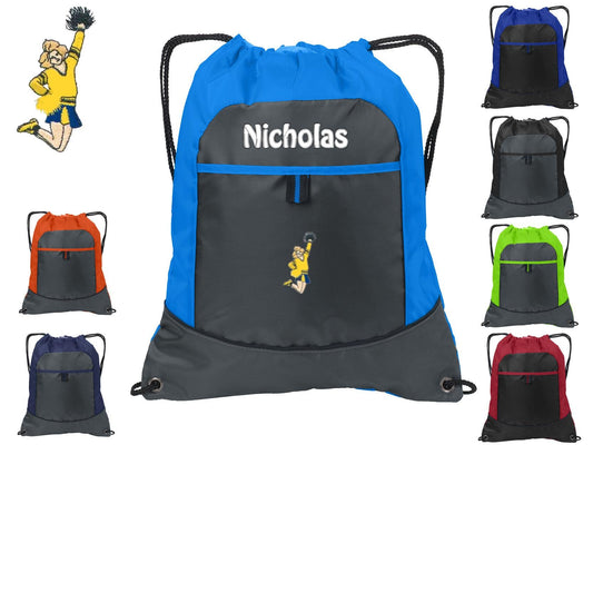 Personalized Kids Cinch Pack Drawstring, Cheerleader Design, Gym School PE Sports Backpack, Embroidered Monogrammed Custom Name School Gift
