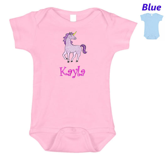 Personalized Baby Onesie Pink Blue Embroidered Unicorn Newborn One Piece Body Suit Baby Shower Gift Monogrammed with Your Baby's Name
