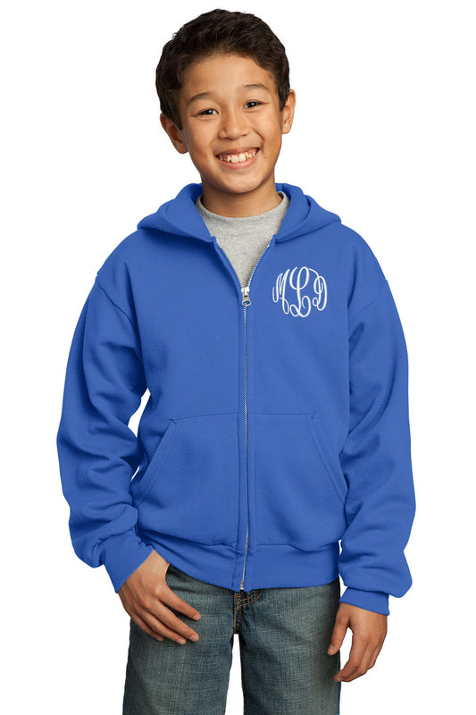 Monogrammed Royal Blue Kids Hoodie Sweatshirt Zipper Embroidered with Initials of Your Choice