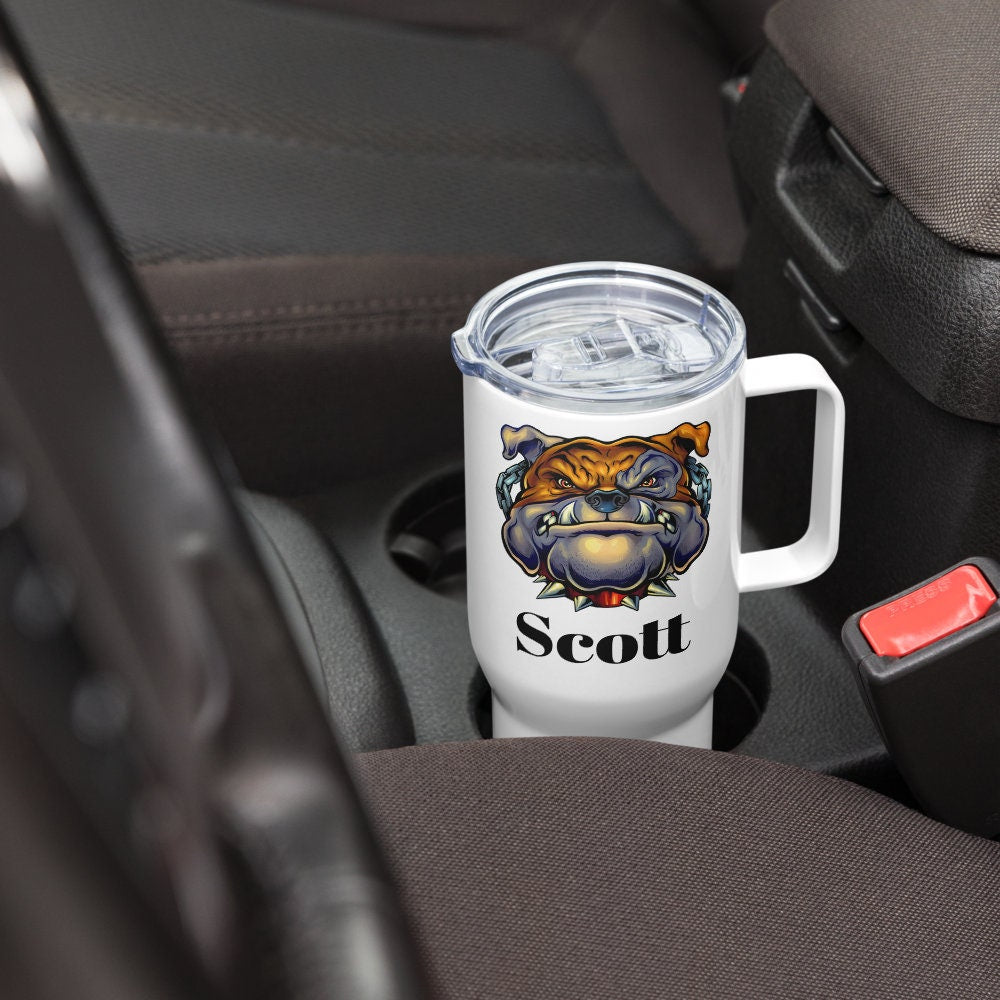 Custom Bulldog Dog Travel Mug Tumbler with Handle, Stainless Steel BPA-free plastic Cup, 25 Ounce Mug, Dad Mom Dog Lover Gift