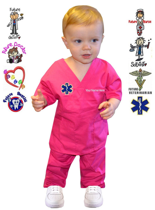 Embroidered Personalized Pink Toddler Kids Scrubs for little Doctors and Nurses