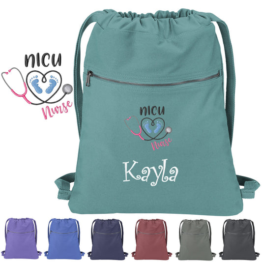Personalized NICU Nurse Cinch Pack Gift, Embroidered NICU Stethoscope Design, Drawstring School, Pool Backpack, Monogrammed Custom Name