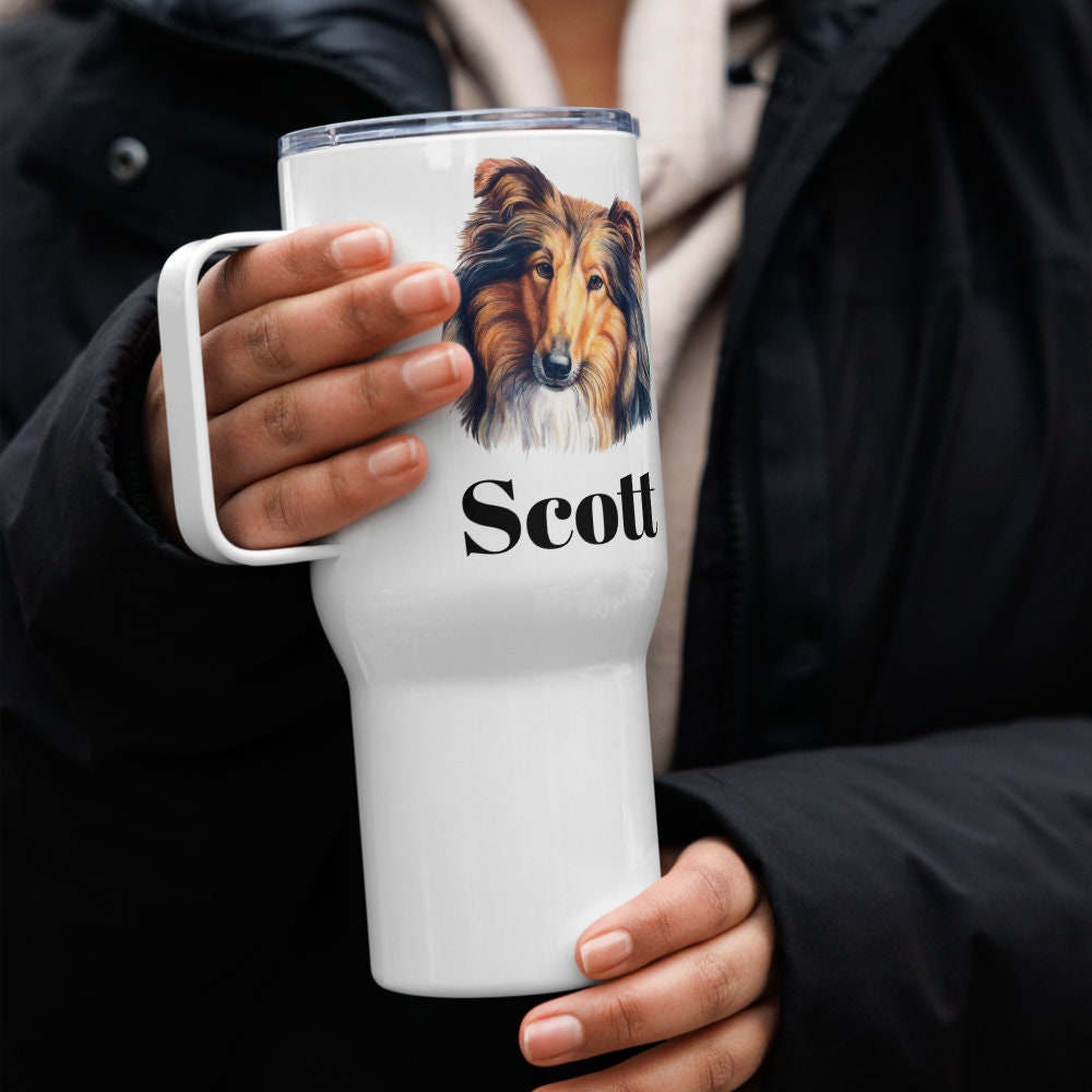 Custom Collie Sheltie Dog Travel Mug Tumbler with Handle, Stainless Steel BPA-free plastic Cup, 25 Ounce Mug, Dad Mom Dog Lover Gift
