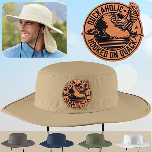 Duck Leather Patch Bucket Hat, Duckaholic Hat Design, Wide Brim Hat, Dad Gift Husband Gift, Sportsman Gift, Laser Engraved